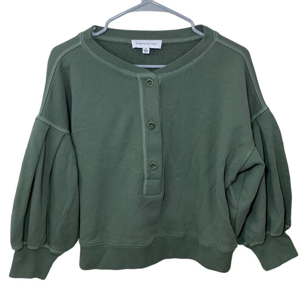 Something Navy Greta Henley Olive Sweatshirt Women's Size XS Bell Sleeves Boho - Picture 1 of 5